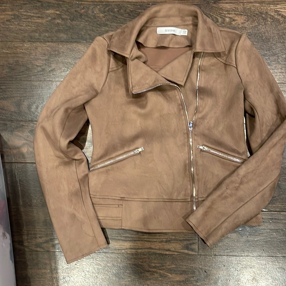 Asymmetrical side zipper faux suede jacket